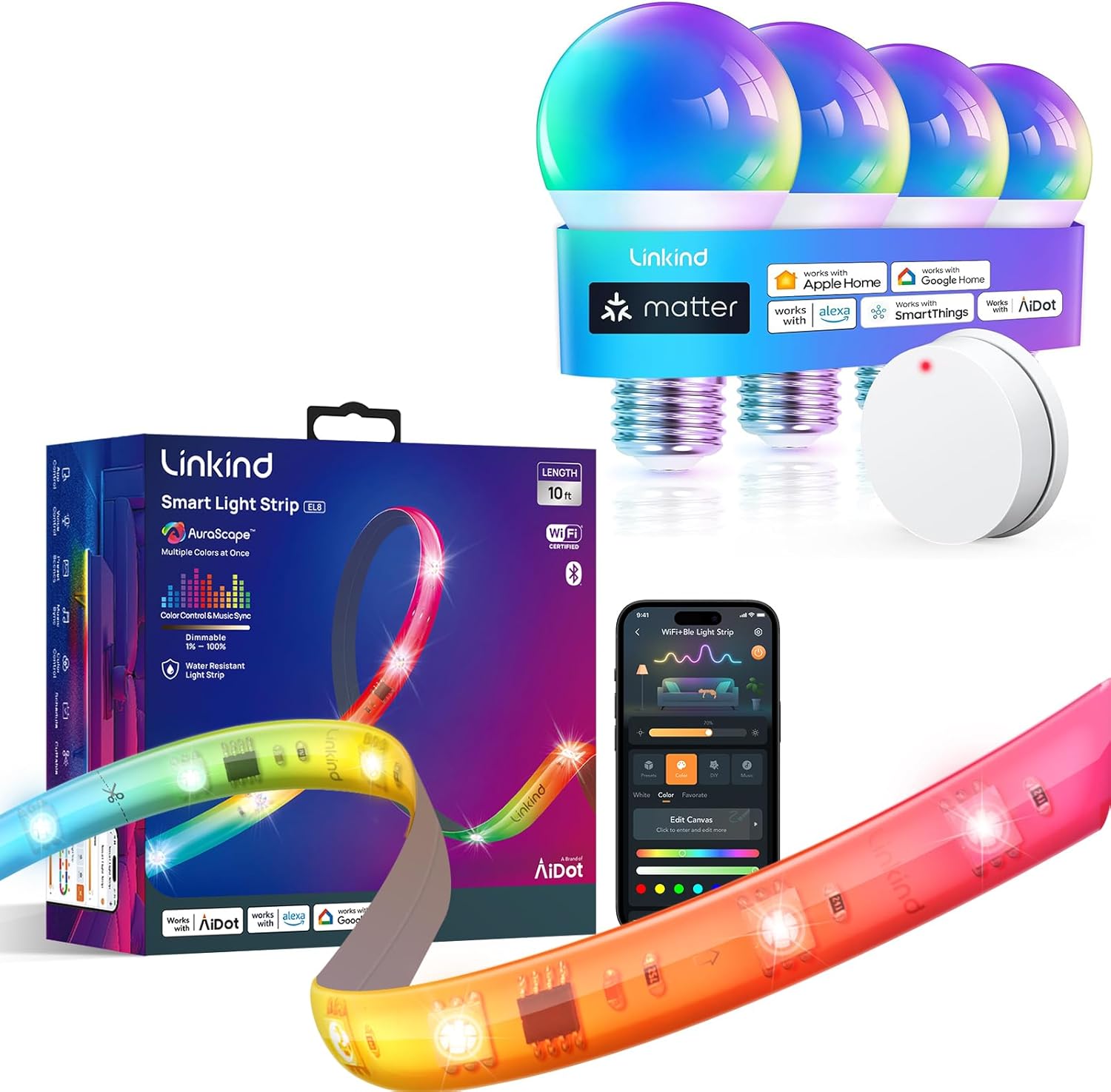 Matter Smart Light Bulb 4 Pack with Remote and LED Strip Lights RGB 10ft Compatible with Alexa and Google Home
