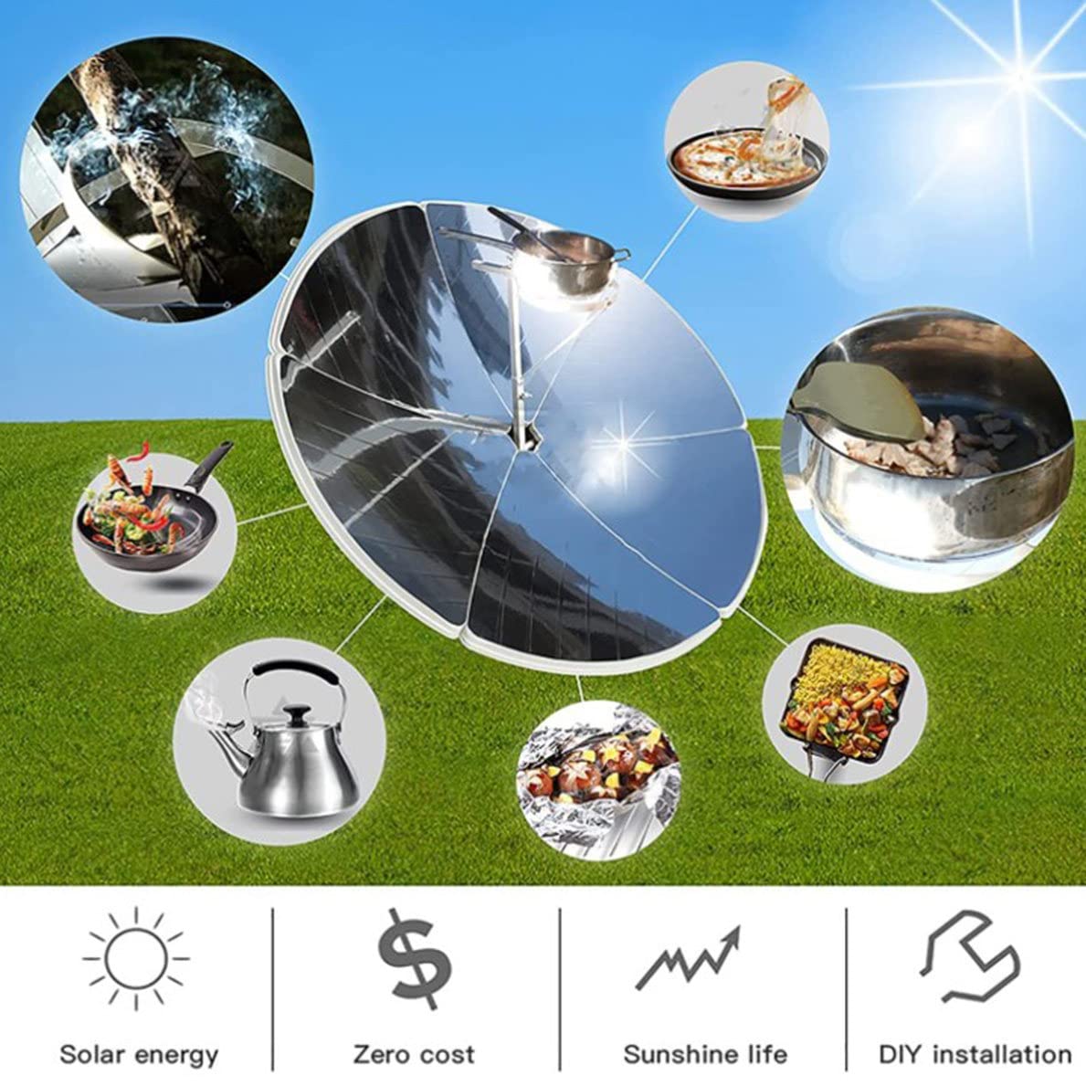 Solarkocher, 1800 W Parabol-Solarofen, tragbarer Solargrill mit 1,5 m Durchmesser, konzentriertes Design für effizientes Kochen im Freien
