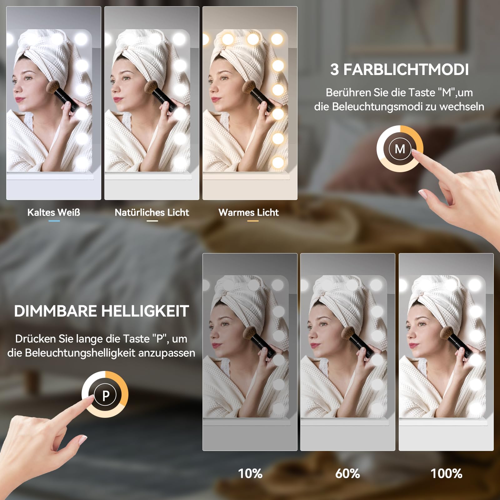 YU YUSING Hollywood Schminkspiegel mit Beleuchtung, 80x60cm 18 LED-Licht Kosmetikspiegel 3 Modi, Vanity Spiegel Tischspiegel Wandspiegel mit USB 10X Vergrößerung für Schlafzimmer Schminktisch, Weiß