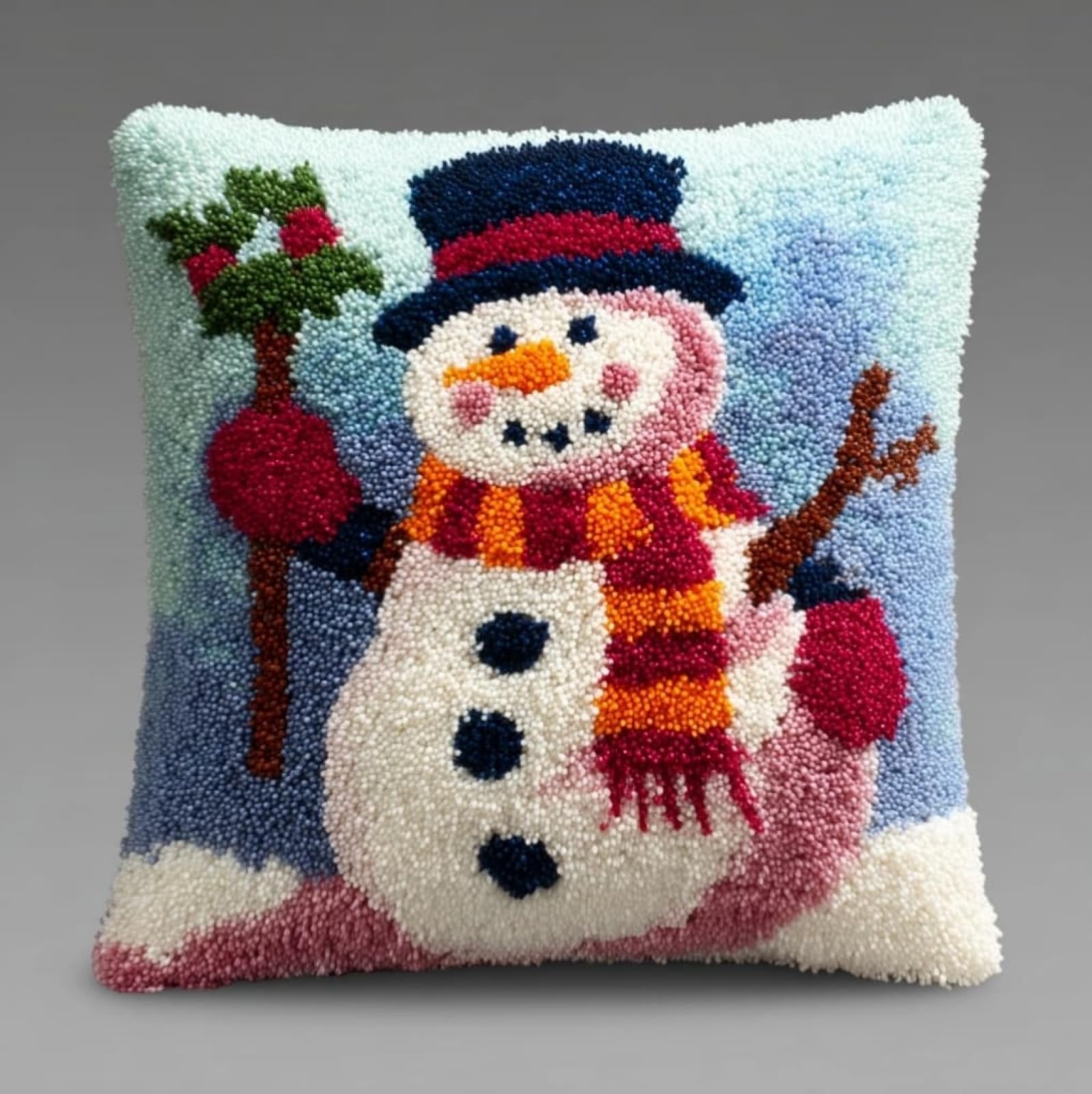 Henypt Latch Hook Kits for Beginners & Adults,Christmas Snowman 43x43cm DIY Pillow Cover Craft,Easy Crochet Needlework Kit with Full Accessories