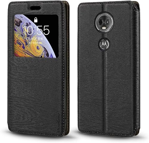 Motorola Moto E5 Plus - Funda de piel de grano de madera con tarjetero y ventana, tapa magnética para Motorola Moto E5 Plus, color negro