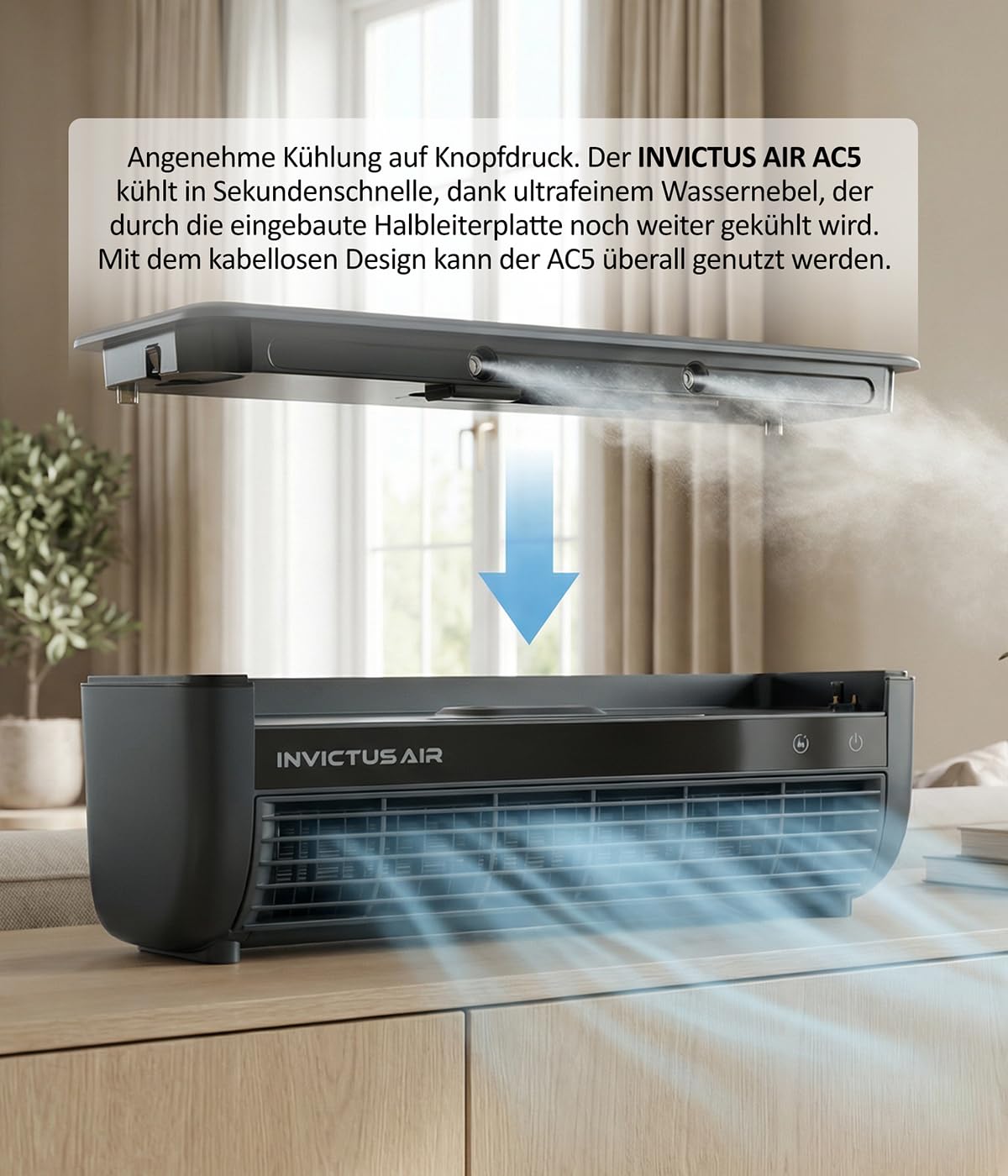Genius INVICTUS AIR AC5 Luftkühler kabellos, mit Wasserkühlung & Halbleiter-Kühlplatte, Fernbedienung, 3 Stufen, 260 ml Wassertank, bis zu 8 Std., Wandmontage oder freistehend
