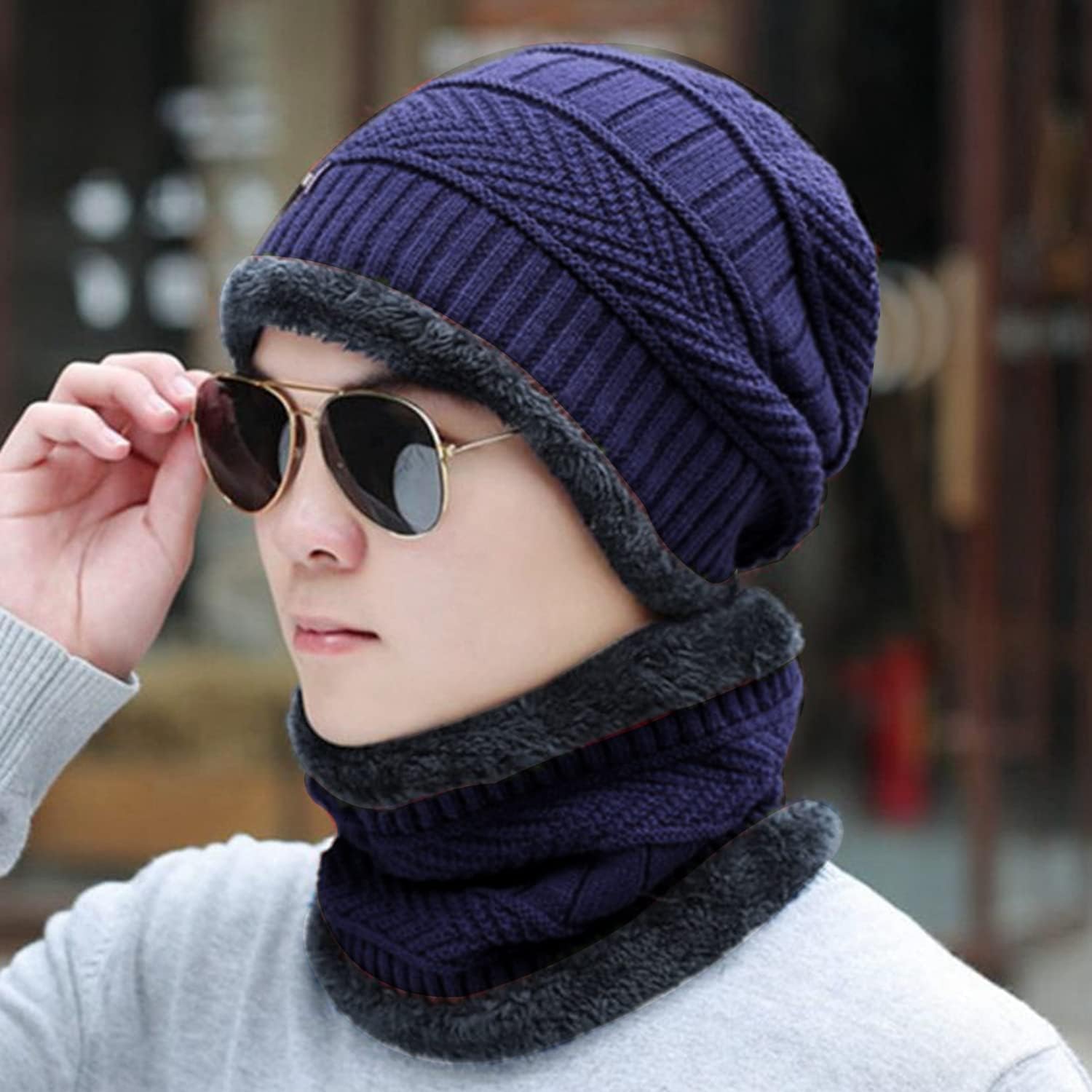 Brand Conquer Wool Beanie Cap & Muffler for Men & Women - Winter Cap With Neck Muffler - Soft Woolen Set (Blue, Free Size) - Image 6 thumbnail