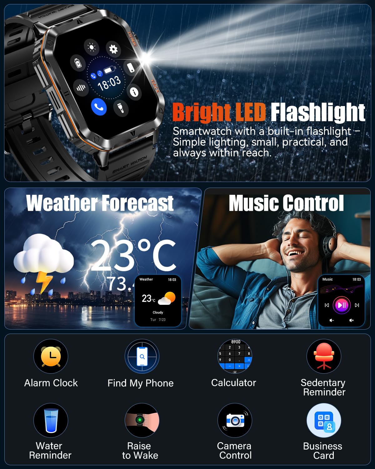 Military Smart Watch for Men, 2.01'' Fitness Tracker with 1200mAh Long Battery Life, Bluetooth Calls, Flashlight, IP68 Waterproof, Heart Rate/Sleep Tracking, 100+ Sports Modes for Android iPhone