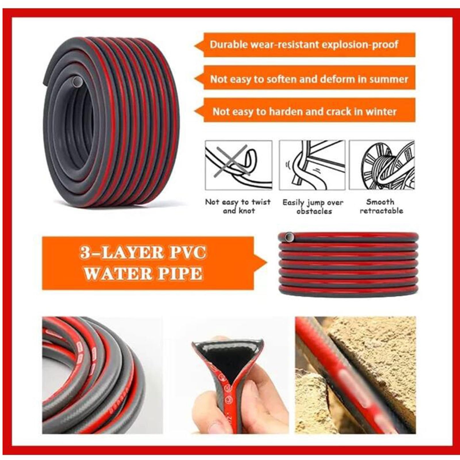 Camión portamangueras, Carrete para Manguera de Limpieza de Mascotas, Soporte portátil para mangueras de Exterior, Herramienta de riego de Pared para Patio (Rojo, 10 m)