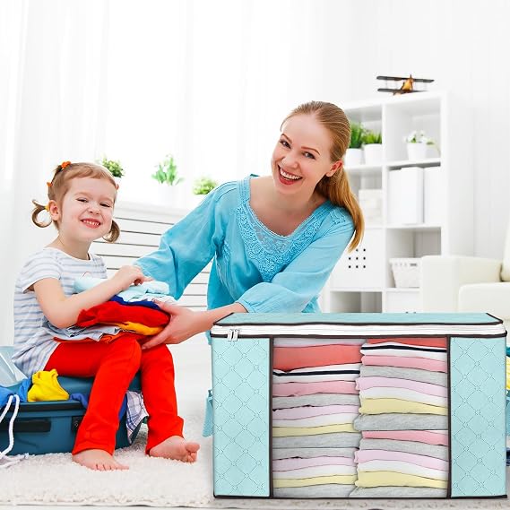 Budding Joy 90L Storage Bags, Large Clothes Storage Boxes with Zips Blue | Durable Handles & Thick Fabric, Ideal for Bedding, Blankets, Comforters, Space-saving Clothes Storage Boxes for Home