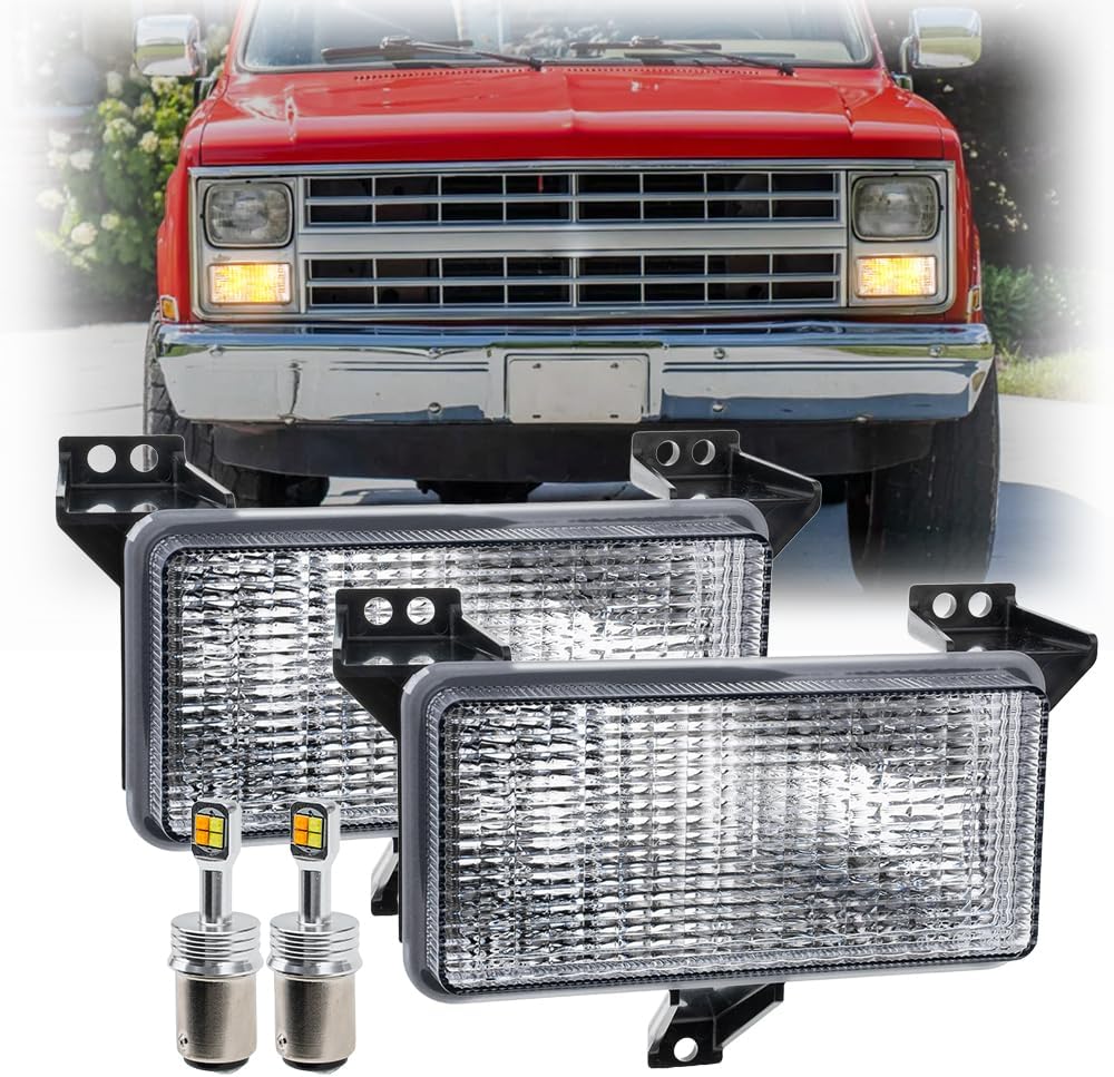 OEM Front Turn Signal Lights for 83-86 Chevy C/K C10 C20 C30 K10 K20 K30 GMC C1500 K1500 Amber Bumper Signal & White Parking Light Corner Marker OEM# 915908 GM2520122 Clear Lens With 2Pcs Led Bulbs