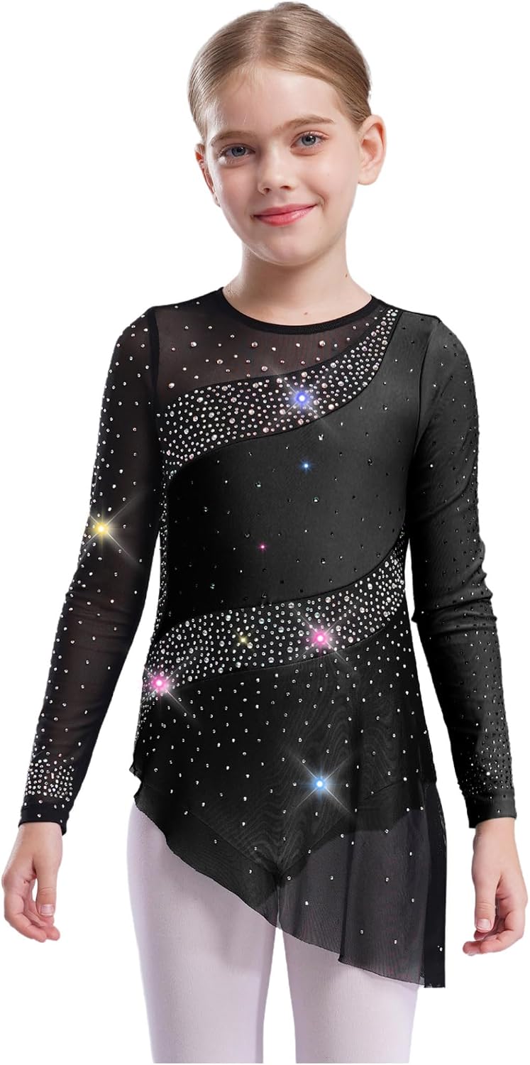 Kids Girls Figure Ice Skating Dress Asymmetrical Skirted Leotard Shiny Long Sleeve Ballet Dance Outfit