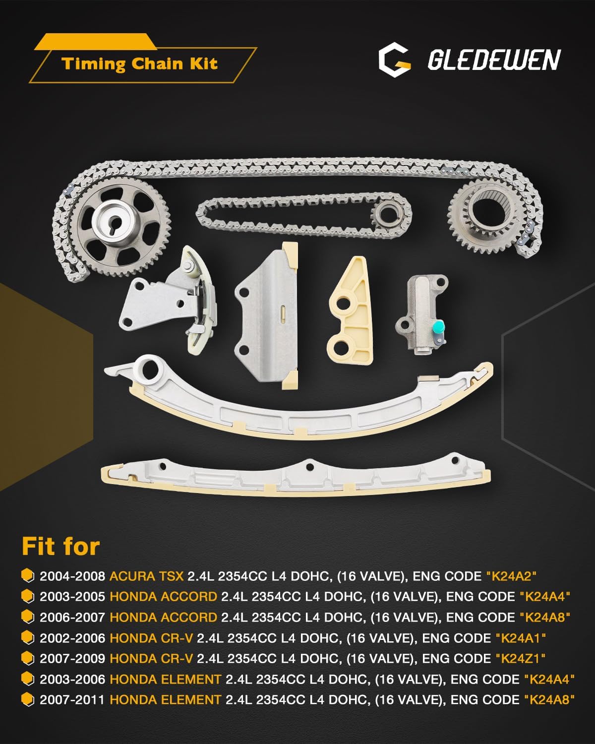 Timing Chain Kit 2.4 L, w/ Water Pump, Compatible with 2003-2007 Honda Accord, 2002-2009 Honda CRV, 2003-2011 Honda Element, 2004-2008 Acura TSX, L4 2354CC DOHC 16V VTEC, Engine Code K24A4 K24A8