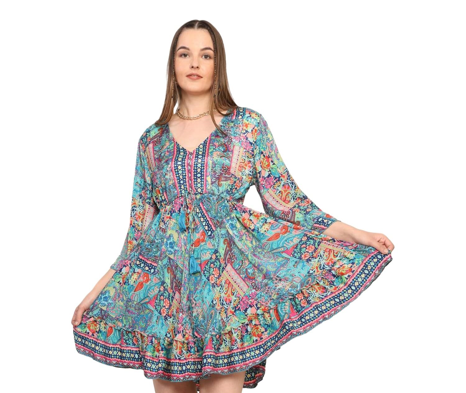 ke kanhaexports KE KANHA EXPORTS Short Dress for Women's & Girls Unique Border Design & Tassel, Adjustable Drawstring, Stretchable, Free Size,fit Flared Floral Print V-Neck Western Dresses All Seasons-picture-21