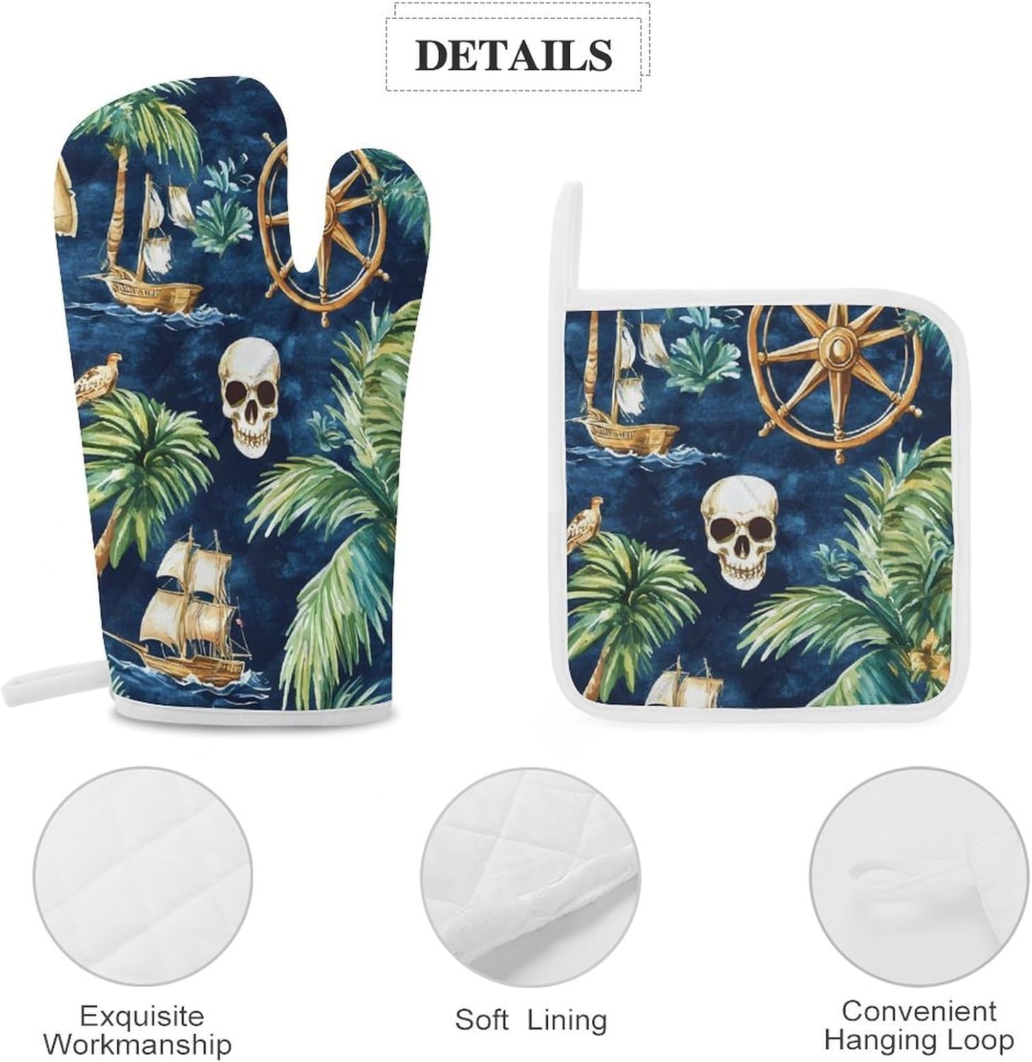Skull Sailing Ship Parrot Coconut Tree Oven Mitts and Pot Holders 4Pcs Set Heat Resistant Cooking Mitts Hot Pads