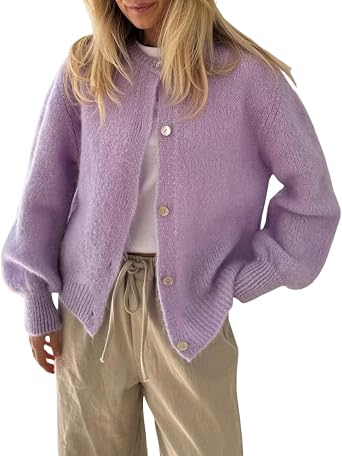 Womens Button Down Cardigans Sweater Solid Color Longsleeve Crew Neck Knitted Shirt Fall Top