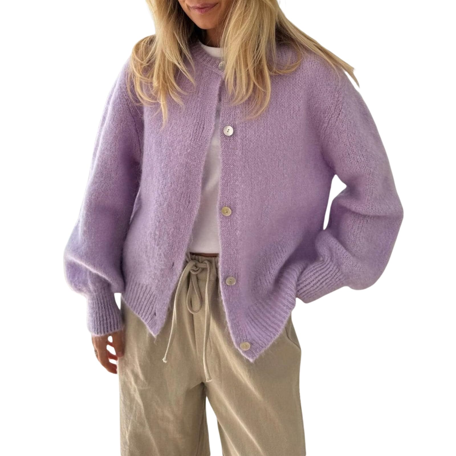 Women Button Up Cardigan Sweater Y2k Fuzzy Contrast Trim Crew Neck Long Sleeve Cable Cardigan Coat Going Out Fall Warm Knitwear (C-02, S)
