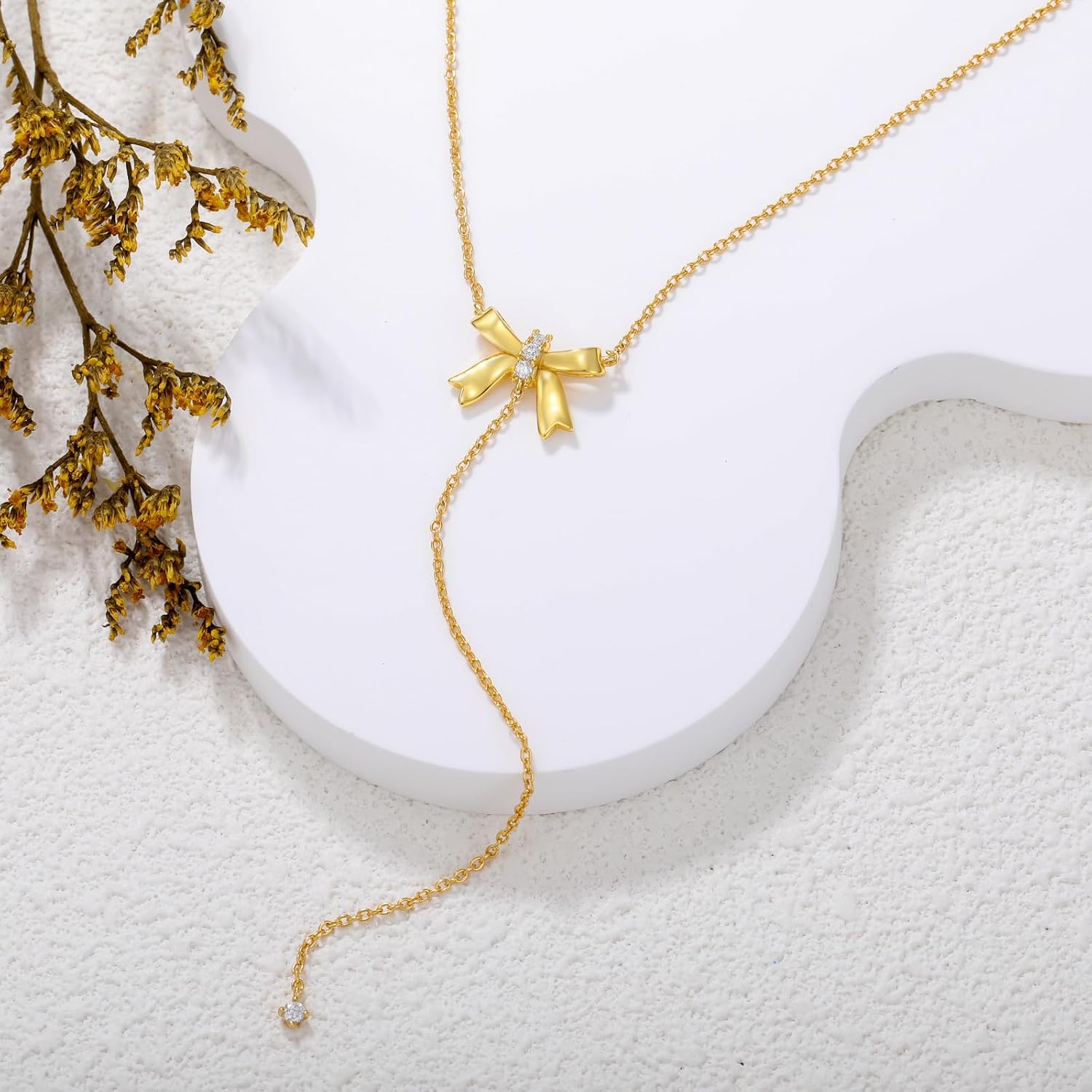 Diamond Bow Necklace for Women S925 Sterling Silver Bow Pendant Necklace 18K Gold Plated Bow Y-Necklace Jewelry Gifts for Wife Her Mom