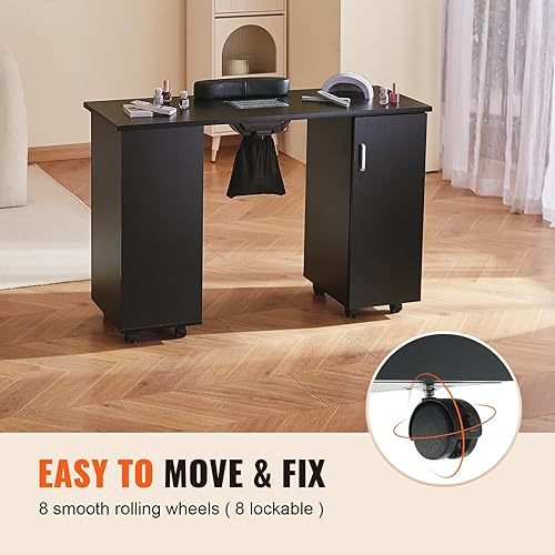 Miniatura 6 de VEVOR Mesa de manicura para uñas, estación móvil de uñas con potente colector de polvo, escritorio de tecnología de uñas de MDF con 8 ruedas