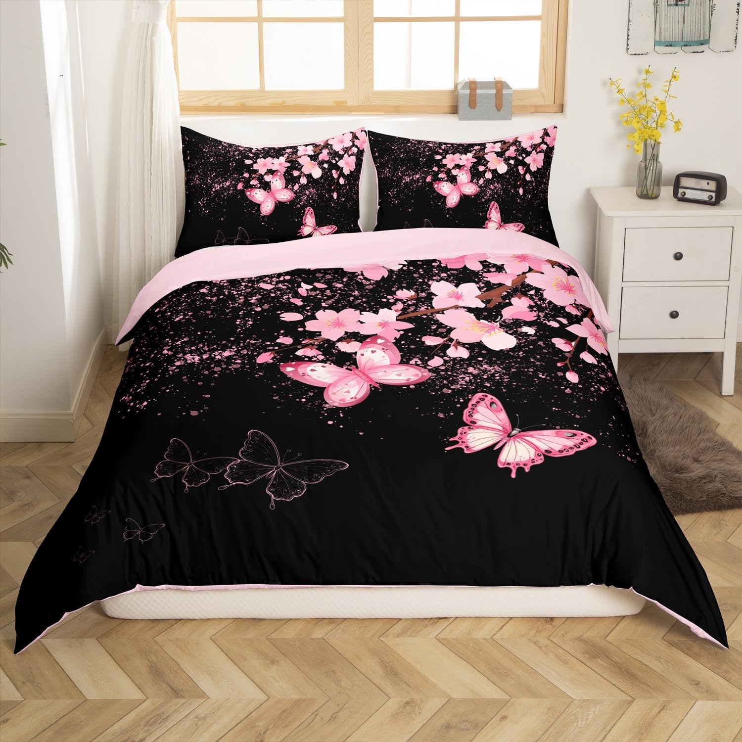 Castle Fairy Cherry Blossoms Duvet Cover Set Toddler Size,Pink Butterfly Bedding Set for Kids Boys Girls Room Decor,Romantic Style Comforter Cover,Petal Quilt Cover with 1 Pillowcase(No Comforter)