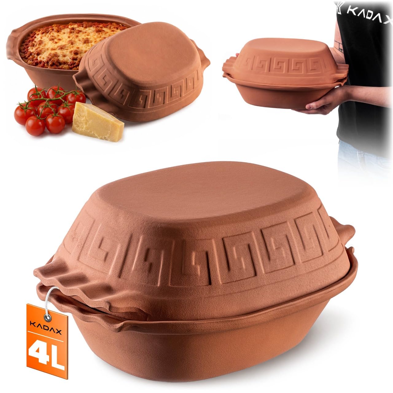 KADAX Tonbräter, Keramiktopf mit Deckel für Mikrowelle und Backofen, Dampfgarer aus natürlichen Materialien, Auflaufform für fettfreies Kochen, Brätertopf (Oval, 4L)