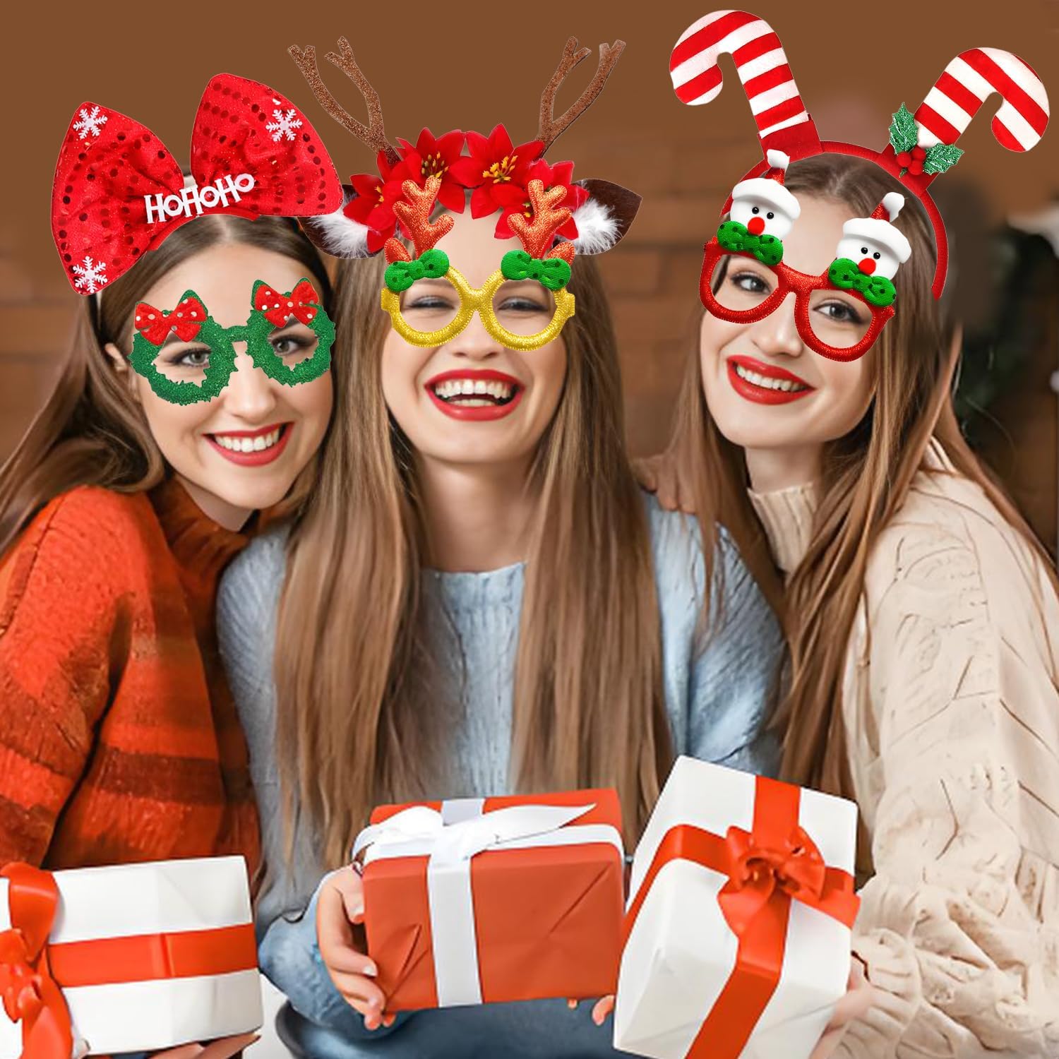 20 Pcs Christmas Headbands and Glasses Set, 12 Xmas Glasses & 8 Christmas Headbands for Photo Booth Props, Festive Party Supplies with Reindeer Xmas Tree Elf Santa Hats for Adults, Family Decor