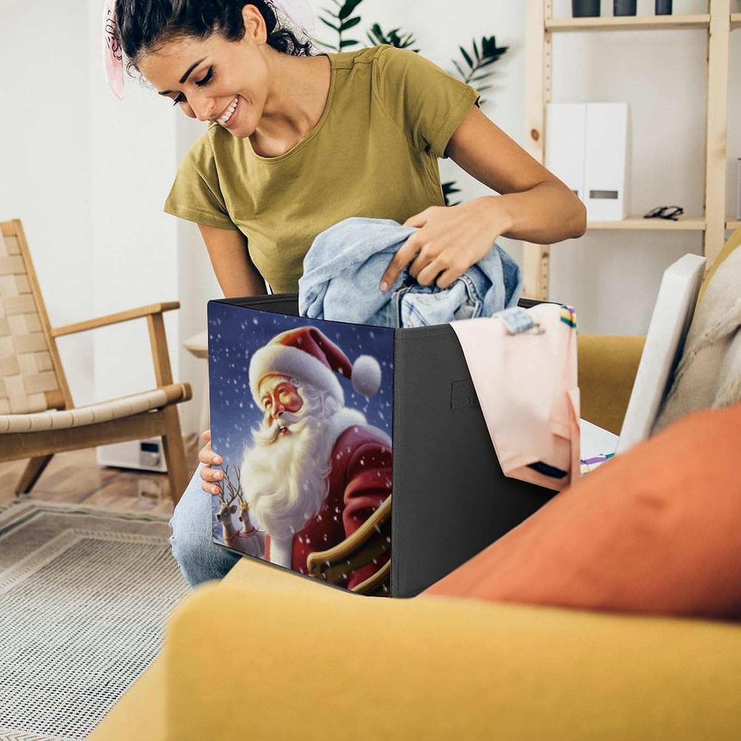 Folding Storage Bins Oxford Fabric Clothes Storage Boxes with Handles | Smiling Santa Claus Cube Organizer, Easy to Store, Multi Functional Cube Storage Organizer for Office Bedroom
