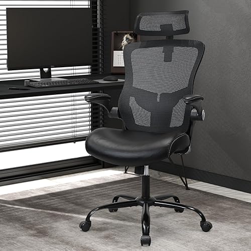 Miniatura 9 de Silla de oficina ergonómica, silla de escritorio de malla con respaldo alto con soporte lumbar ajustable y reposacabezas, silla de trabajo ejecutiva