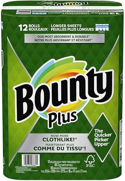 Bounty Plus Select-A-Size White Long Cloth Like 12 Paper Towel Rolls of 2-Ply 86 Sheets Each