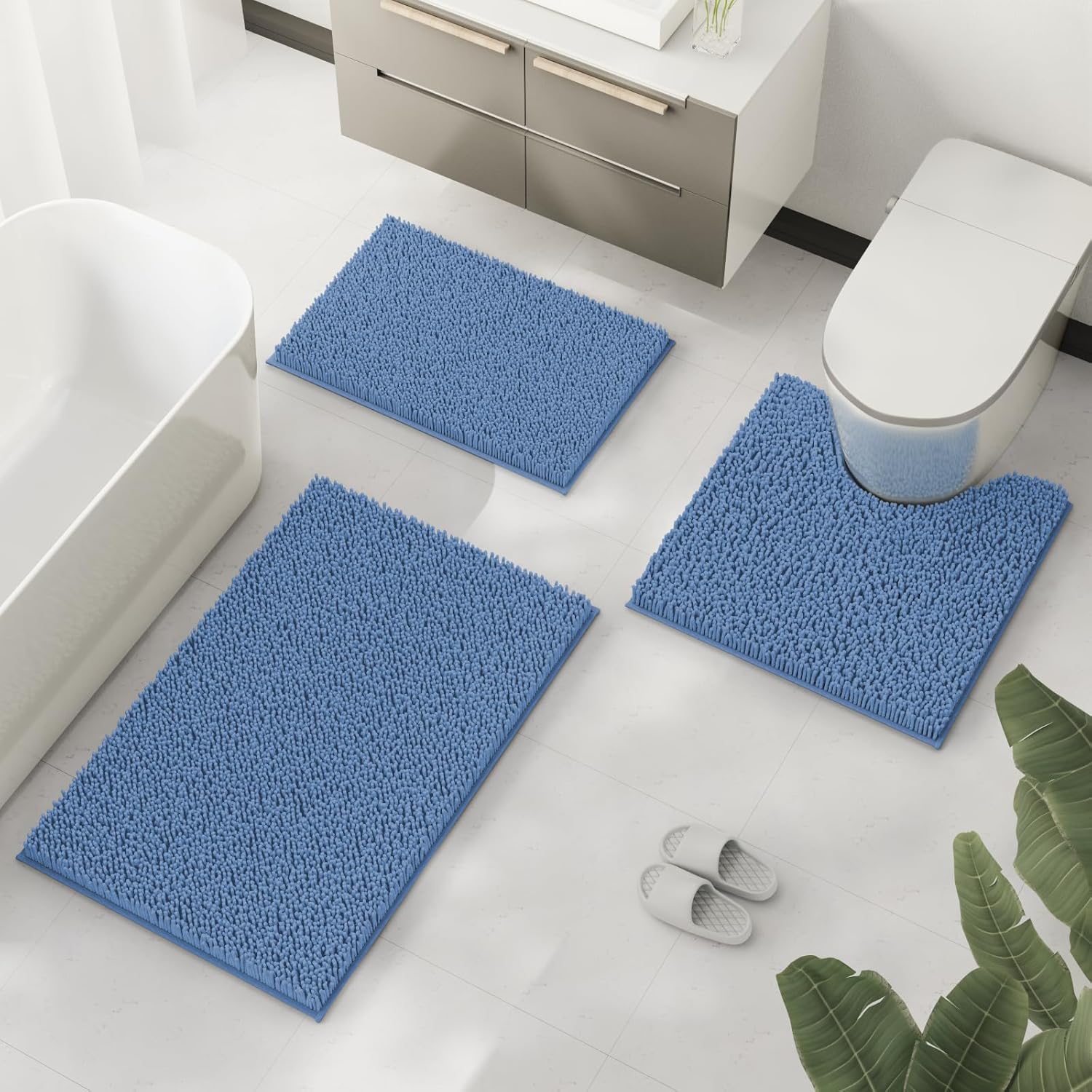 Bathroom Rug Mat Set 3 Piece, Chenille Bath Mat Set, Non-Slip Ultra Soft Carpet Mats, Absorbent with U-Shaped Toilet for Bathroom, Tub, Shower, Calm Blue