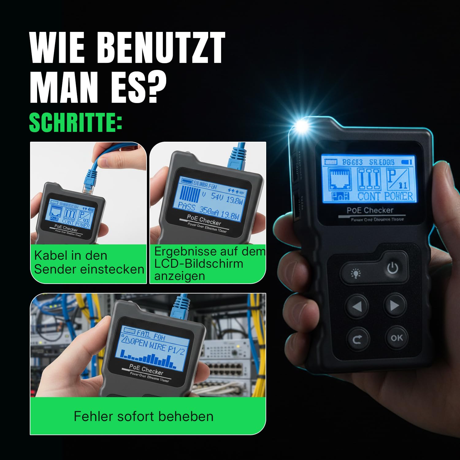 Multifunktions Kabeltester: RJ45 Netzwerktester mit PoE, Kontinuitätstest, Spannungsmessung & LED-Beleuchtung - Ideal für CAT5e/CAT6/CAT6a Ethernet Kabel