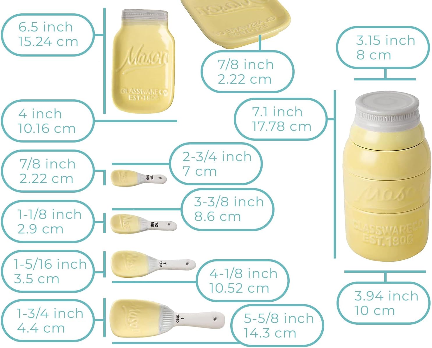 Comfify Mason Jar Kitchenware Set – Yellow Ceramic Decor with 4 Measuring Cups, 4 Measuring Spoons, Spoon Rest