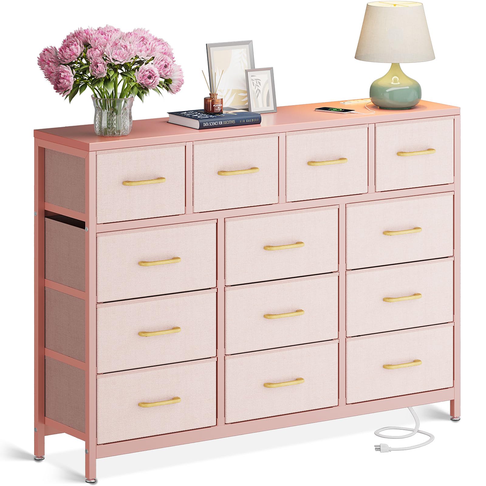 ODK Dresser with Charging Station, 57-Inch Long Dresser TV Stand for Bedroom, Large Dresser with 13 Storage Drawers, Chest of Drawers Easy-Pull Fabric Dressers for Living Room, Pink