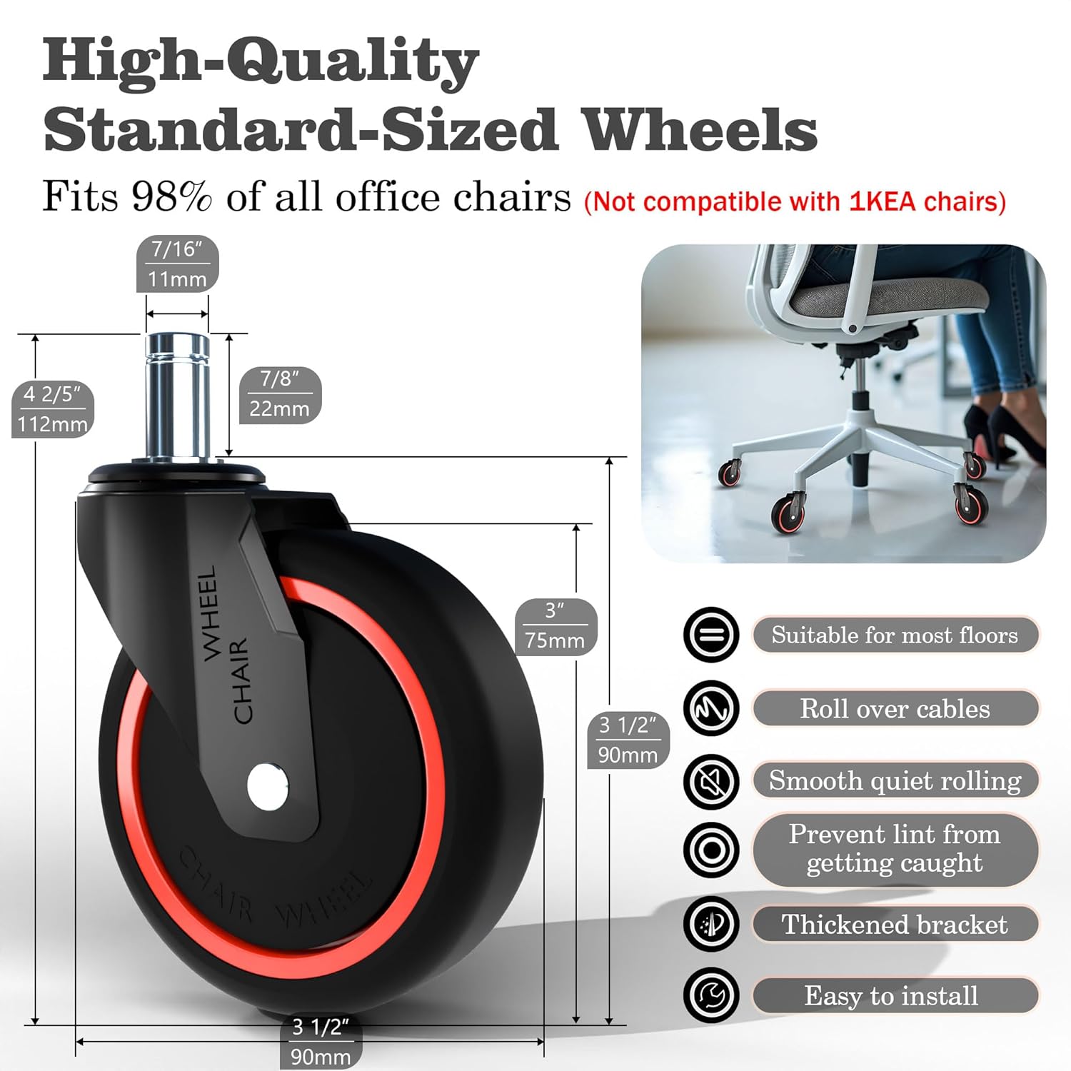 Anti-Tangle Office Chair Casters 5-Pack- 650LB Capacity, 7/16" x 7/8" Stem Size, 3 Inch PA Wheels for Carpet, Tile, Hardwood,360° Smooth Rolling, Low-Noise, Fits Most Chairs, Fits Most Chairs