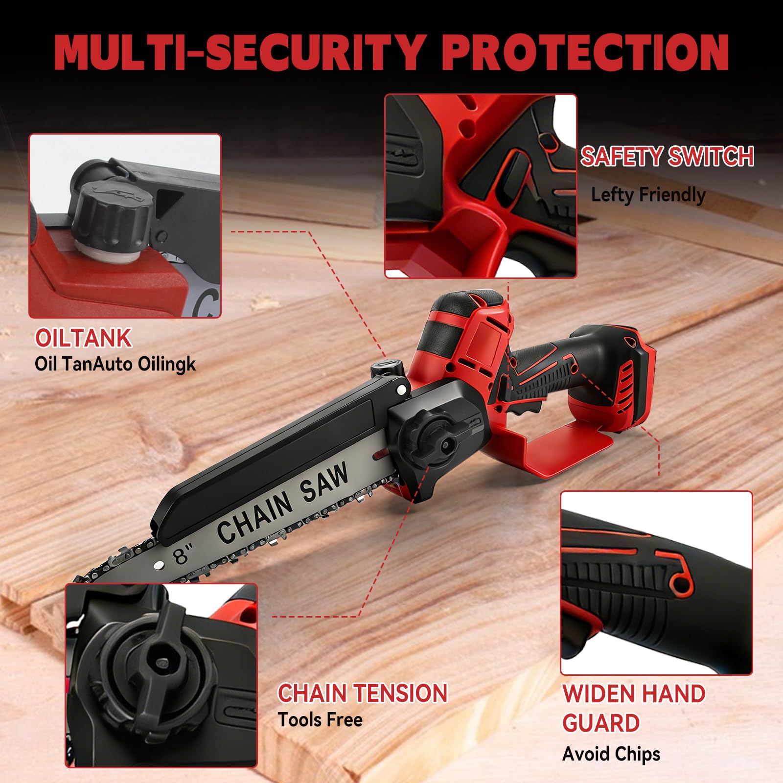 Mini motosierra sin escobillas con batería de 32,8 ft/s, 6 y 8 pulgadas, sierra eléctrica compatible con Milwaukee de 18 V, motosierra manual con bloqueo de seguridad y engrasador para cortar madera y