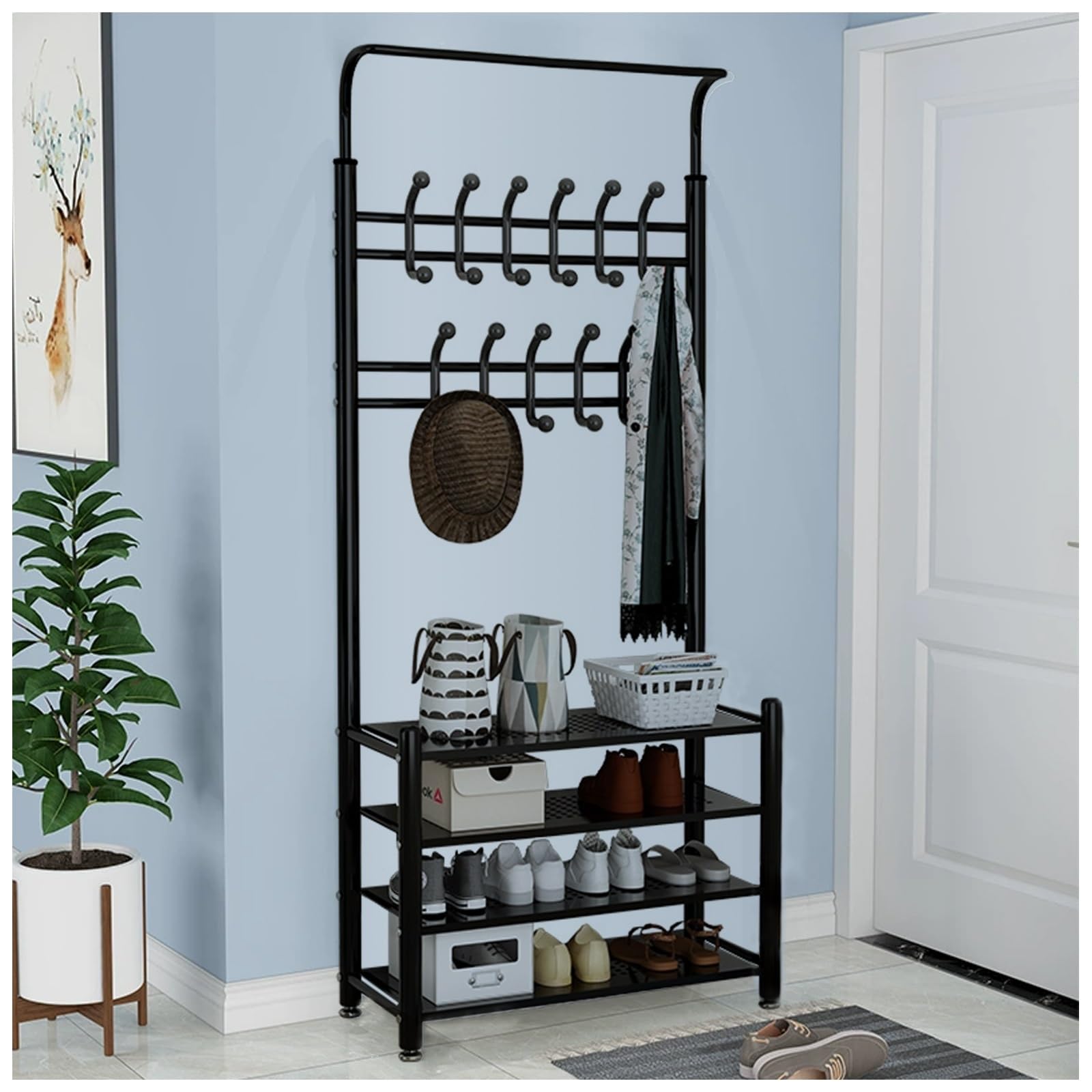 FGXHHS Coat Rack, Hall Tree with Shoe Storage Bench, Entryway Bench Storage, for Freestanding, Easy Assembly(Black,L80*W30CM/L31.4*W11.8IN)