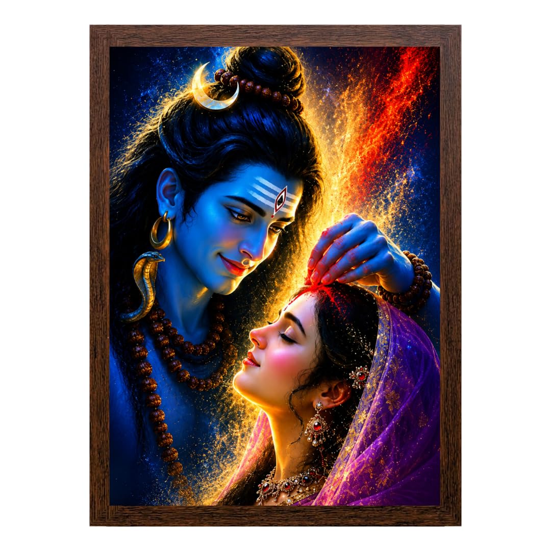Shiv Parvati Wall Painting with Premium MDF Wooden Frame | HD Printed Mahadev Parvati Religious Wall Art for Living Room, Pooja Room, Bedroom & Home Temple | Ready to Hang Spiritual Home Decor (9x13 Inch)-image-1