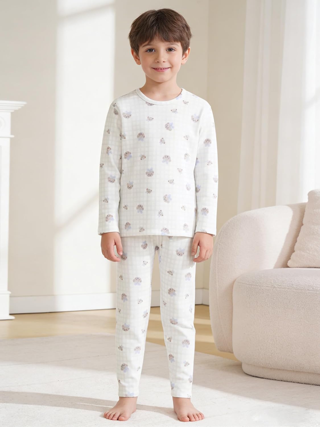 Kids Girls Boys 2 pics Thermal Underwear Set Compression Shirt Leggings Pants Athletic Dance Base Layer Bear 5-6 Years