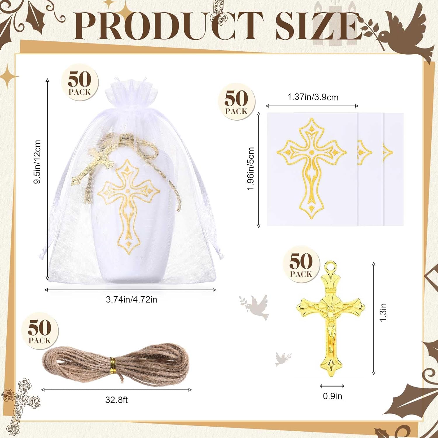 Chuangdi 50 Set Holy Water Bottles Baptism Party Favors 60ml Catholic Holy Water Containers Bow Gold Cross White Plastic Bottle with Organza Bag First Communion Gift for Church Baptism Wedding Party