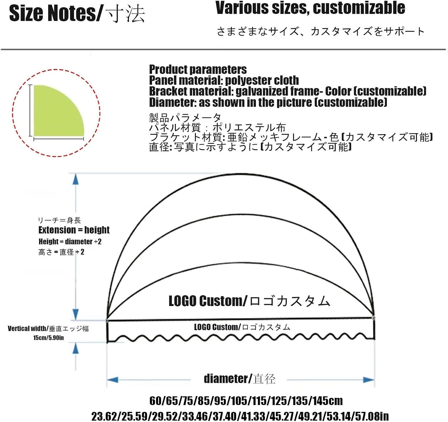 Diagram showing awning dimensions, including diameter, extension, and vertical width.