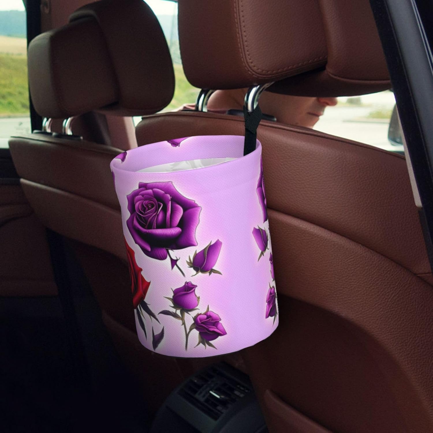 Red and Purple Roses Car Trash can, Hanging Foldable car Trash can, car Storage Box Accessories, Suitable for Travel SUV Truck Sedan image 5