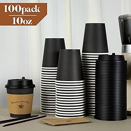 LITOPAK 100 Pack 10 oz Paper Coffee Cups for Hot Chocolate Drinks, Black Disposable Coffee Cups with Lids, Sleeves and Stirring Sticks for Parties, Picnic, Travel, and Events