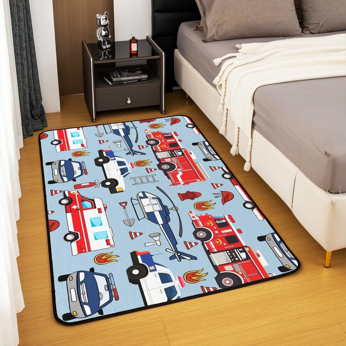 jejeloiu Police Car Area Rug 5x7 Inch Fire Truck Indoor Floor Mat Kids Teens Policeman Vehicle Rugs for Bedroom Living Room Airplane Pattern Red Blue Accent Rug