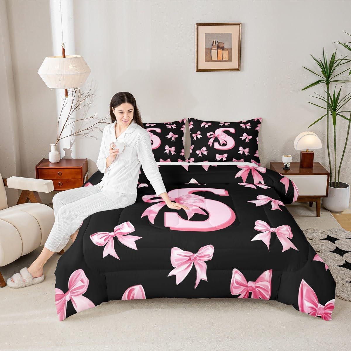 Erosebridal Cute Pink Bow Kids Bedding Set Twin Size,Personalized Letter S Comforter Set for Girls,Initial S Coquette Bow Comforter Preppy Monogrammed Bowknot Quilt Duvet 2 Pcs