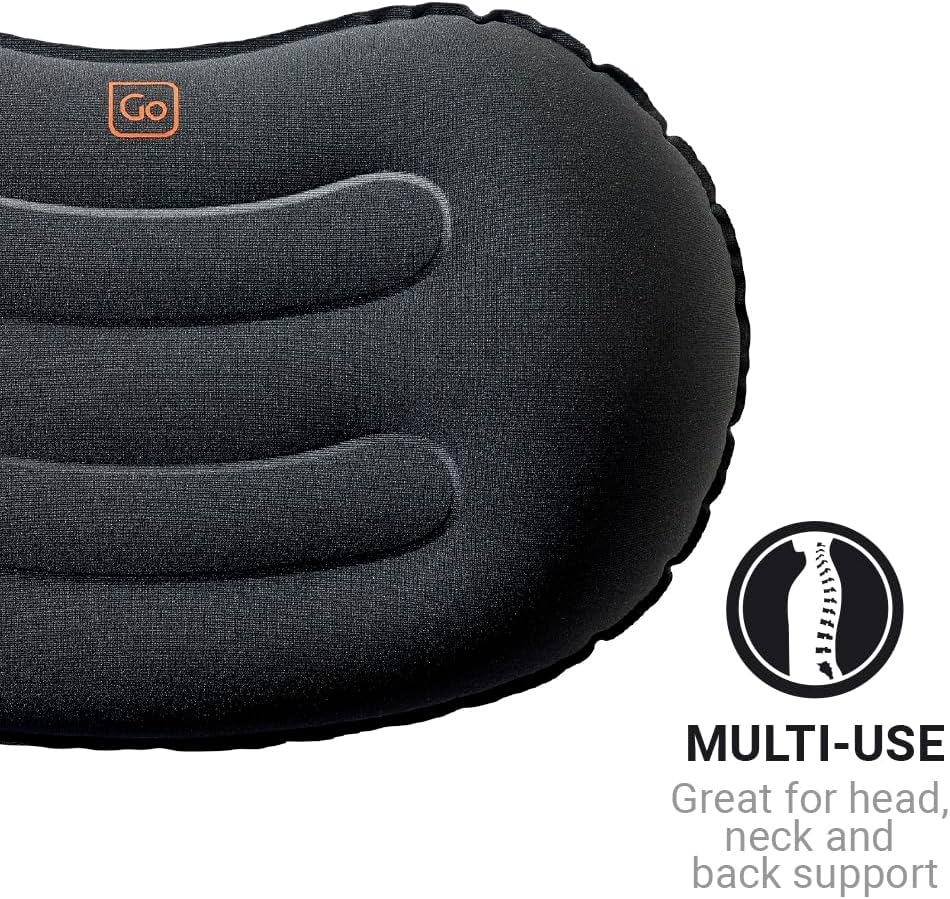 Go Travel Compact Universal Pillow, Comfortable Travel Pillow for Uninterrupted Sleep and Lumbar Support, Inflatable Neck Pillow for Airplane, Bus, Car, and Train, Travel Essentials, Black