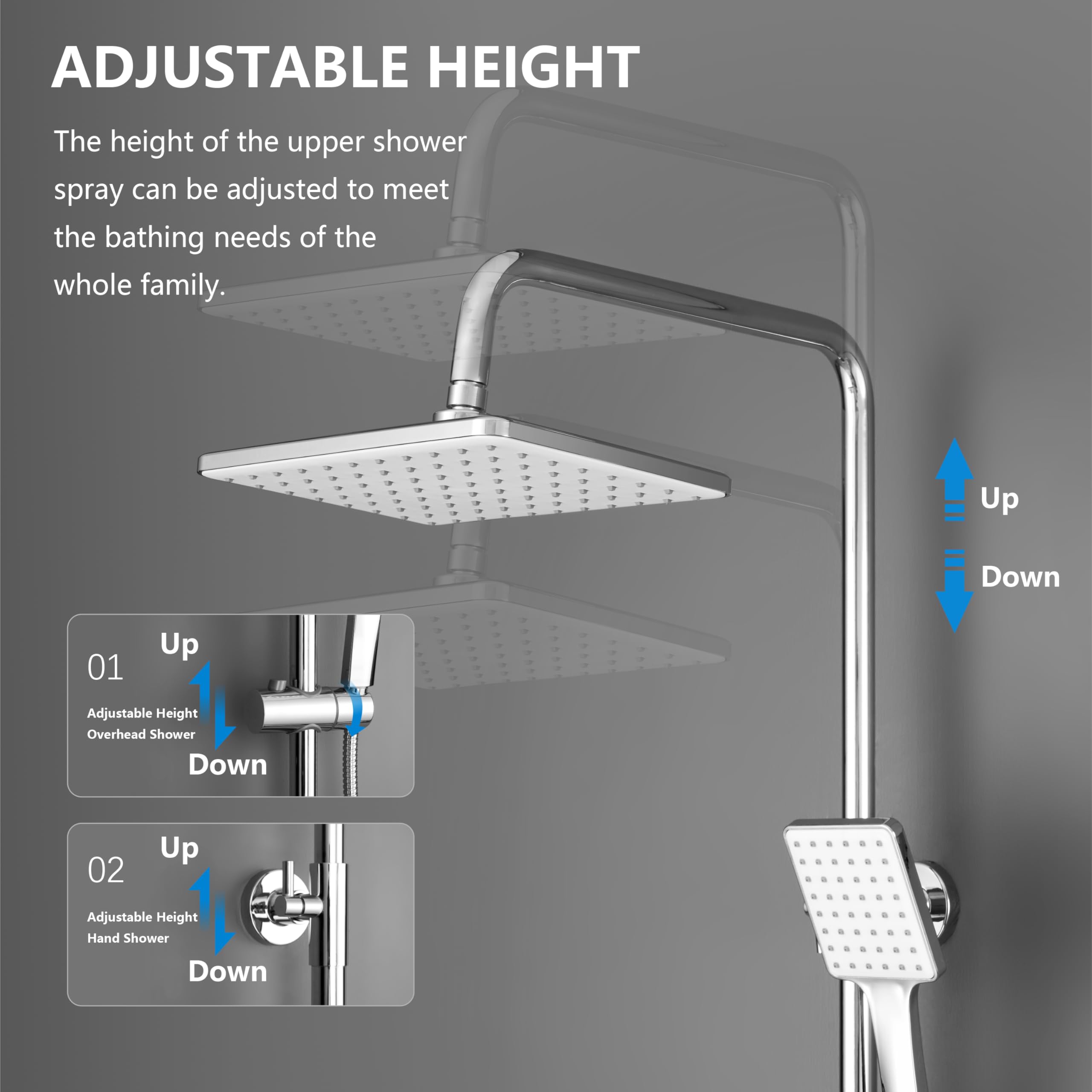 KOMIRO Duschsystem mit Thermostat, Duscharmatur mit thermostat, Regendusche mit Armatur, Duschkopf mit Schlauch und Edelstahl Höheverstellbarer Duschstange Duschset, Eckig, Chrom