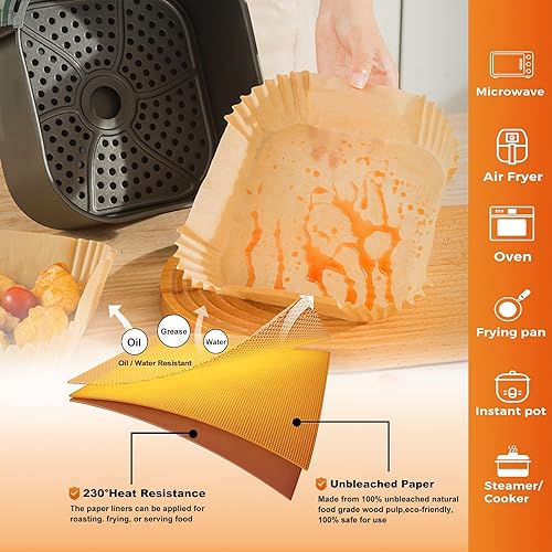 Miniatura 5 de Vailnd Forros Desechables para Freidora de Aire, 100 Piezas de 9 Pulgadas Max XL Grandes, Papel para Freidora de Aire, Hojas de Pergamino a Prueba