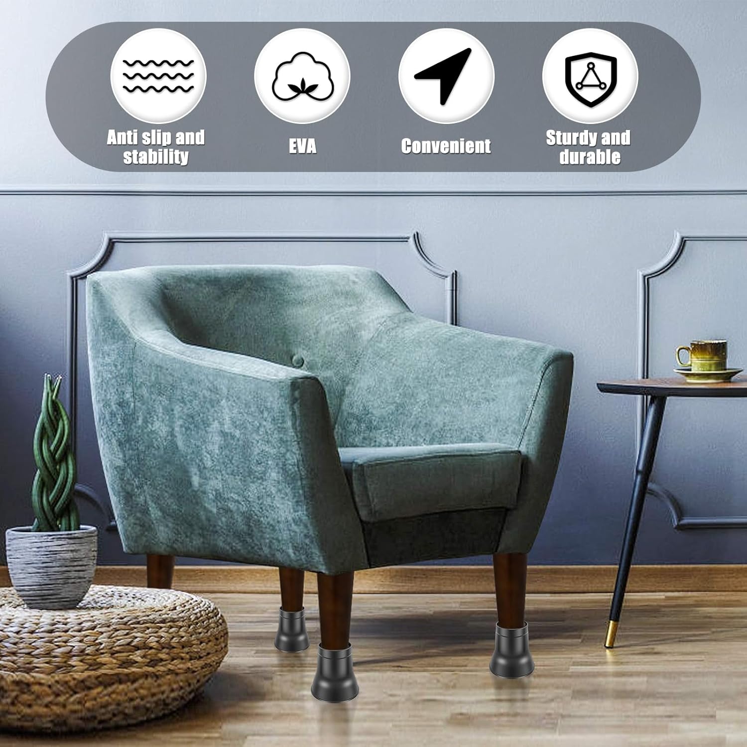 4Pcs Bed Risers Slip Furniture Risers Stable Bed Raising Blocks Heavy Duty EVA Bed Lift Support Up to 6000 Lbs Black Furniture Risers for Table Couch Sofa Bed(4 Pack)