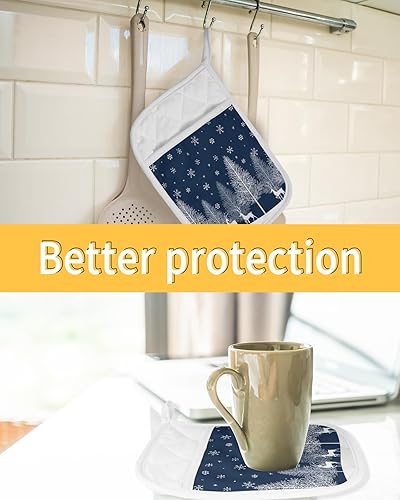 Miniatura 7 de Juego de 5 soportes para ollas de Navidad para cocina, antideslizantes y aislantes de calor, juego de agarraderas de tela de toalla con bolsillo,