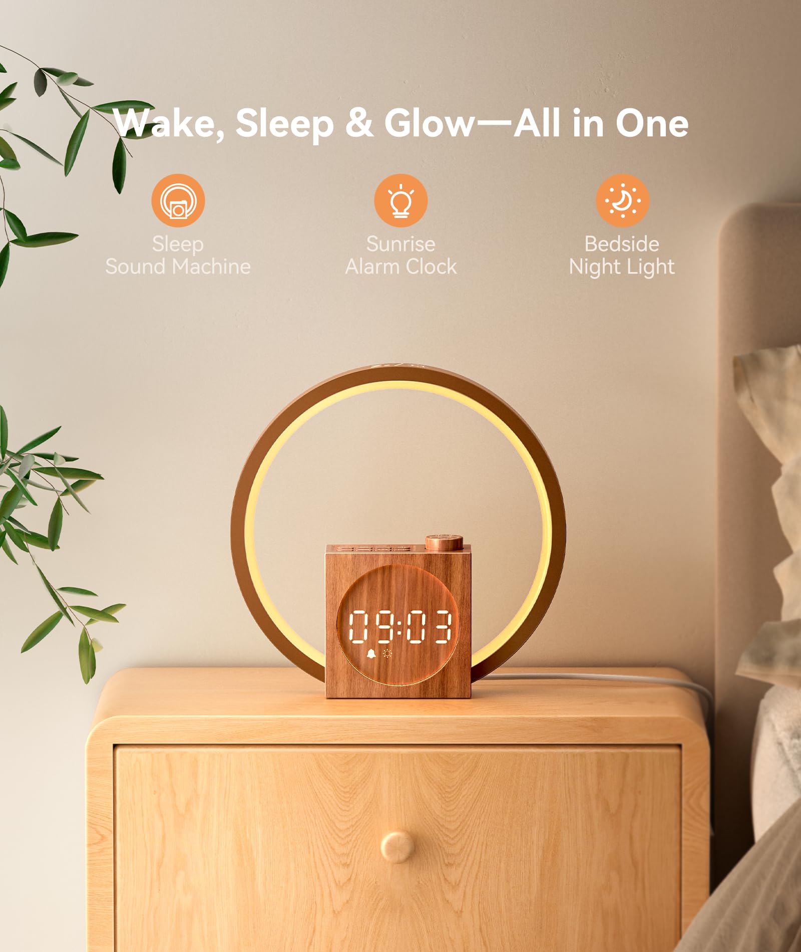 Dreamegg Despertador Amanecercon con 25 Ruido Blanco, Luz Nocturna Con Control Táctil Regulable, 12 Modos de Luz&20 Niveles de Brillo,Reloj de Mesita de Noche Con Carga USB Para Dormitorio, Salón
