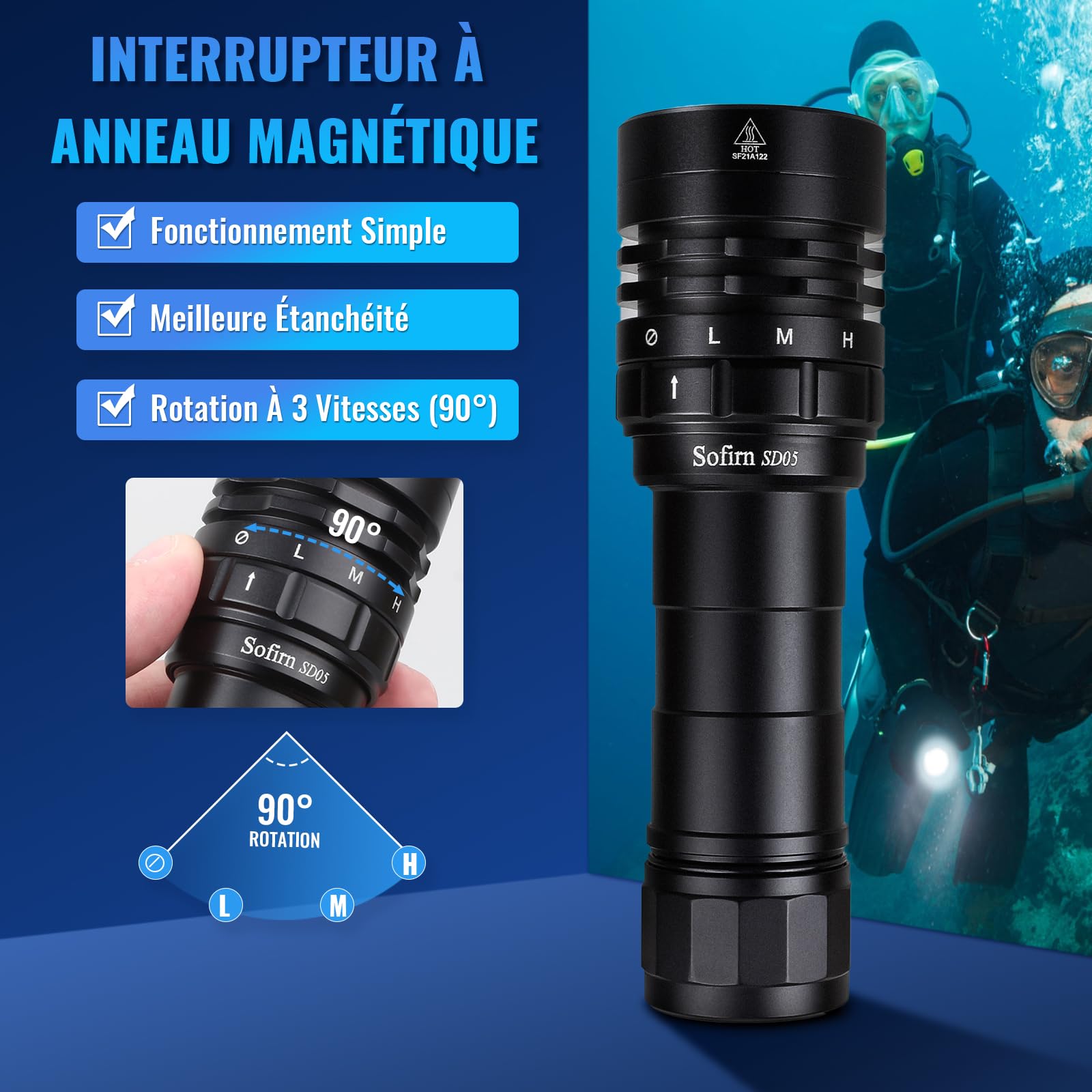 Sofirn SD05 Lampe De Plongée Super Lumineux 3000 Lumen Lampe De Poche De Plongée avec Anneau Magnétique Batterie Étanche Sécurité Sous L'eau 100m
