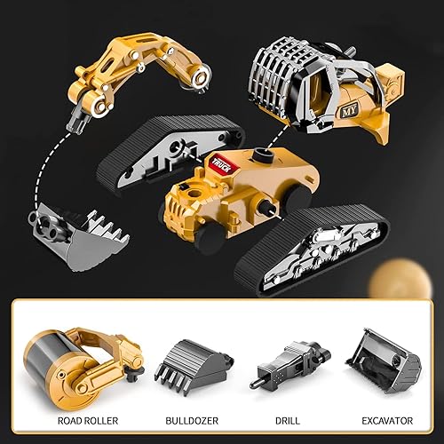 Miniatura 6 de GeminiGenius Camión de construcción 4 en 1 excavadora con pala cargadora de metal pala enrollable y martillo de impacto vehículos de construcción