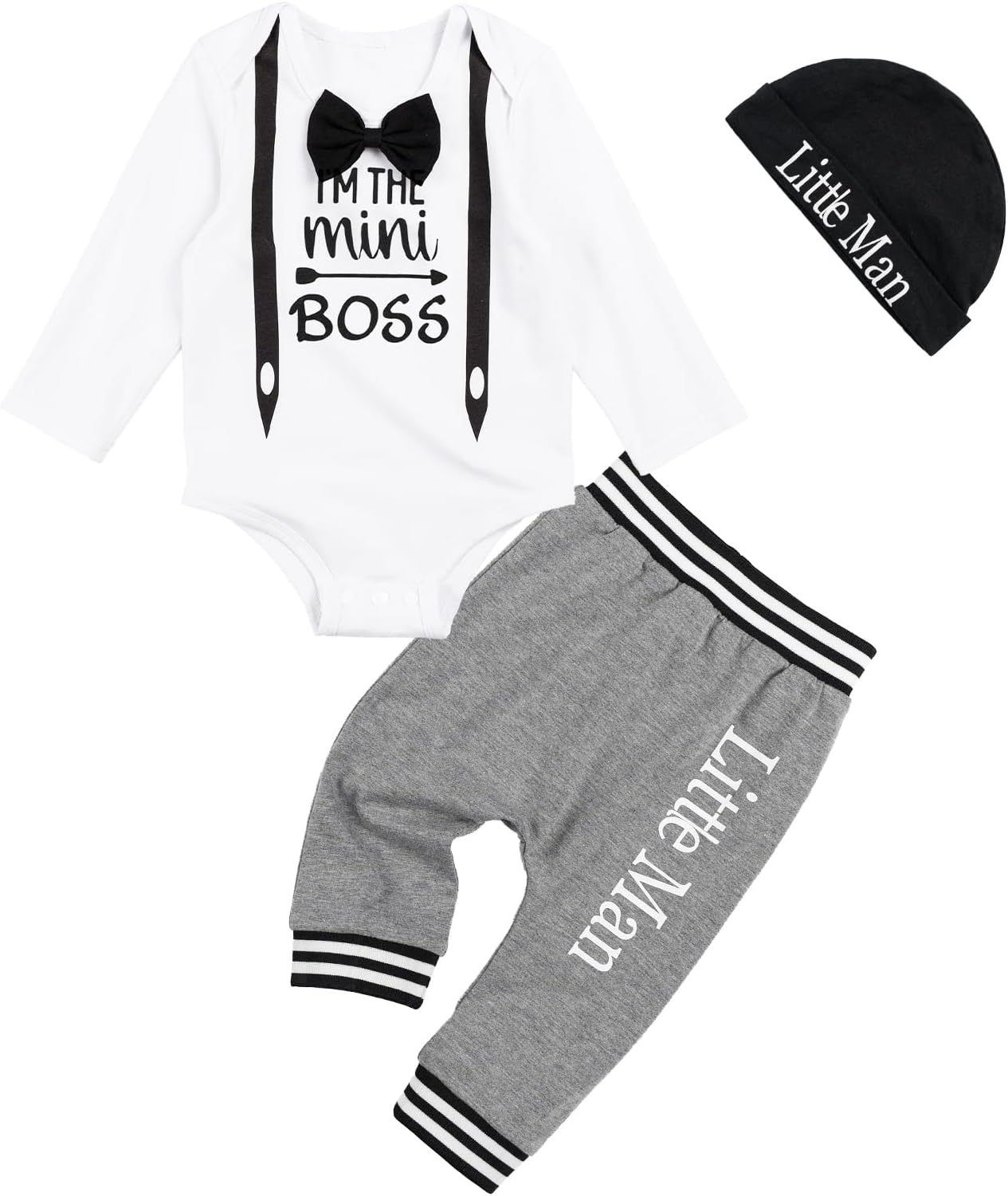 Volunboy Baby Boy Clothes Newborn Infant Letter Print Romper Long Pants Hat 3PCs Cute Fall Winter Outfits (Miniboss, 12-18 Months)