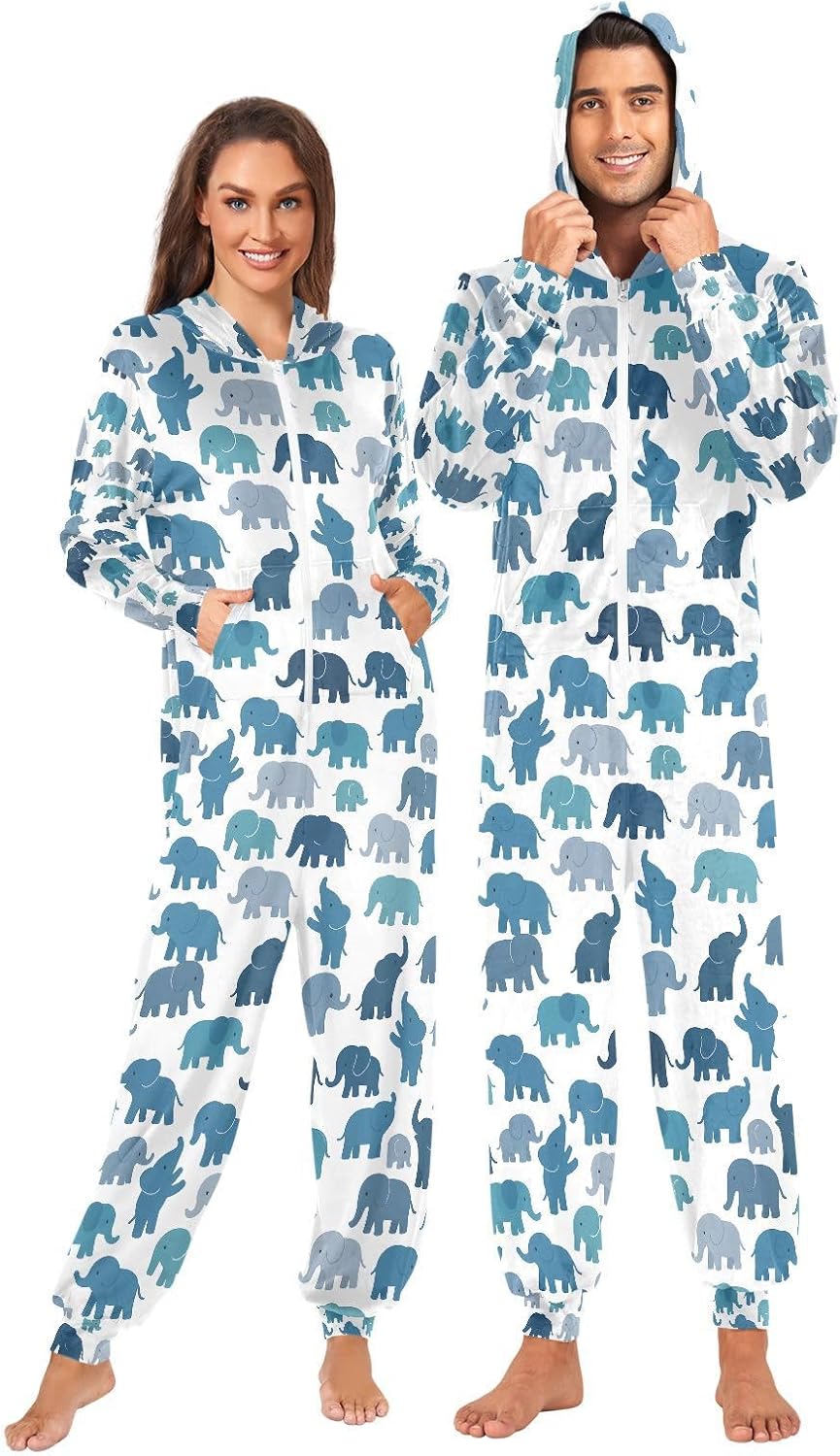 Elephant Blue Adult Onesie Pajamas Novelty One Piece Costume Sleepwear Jumpsuits Matching PJS